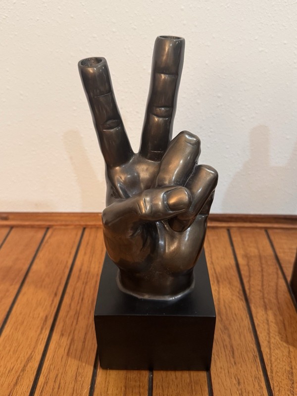 Modern Peace Sign Hand Sculpture – Metallic Finish – 10.5” Tall