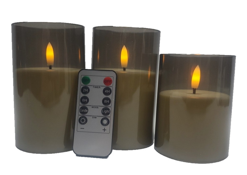 3 Pcs Gray Flickering Flameless Candles Battery Operated Acrylic LED w/Remote