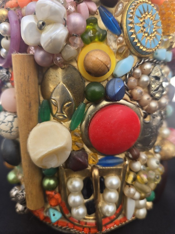 Vintage 82 Funky Fun Memory Vase Beads Jewls Buttons Folk Art Collage Colorful gallery