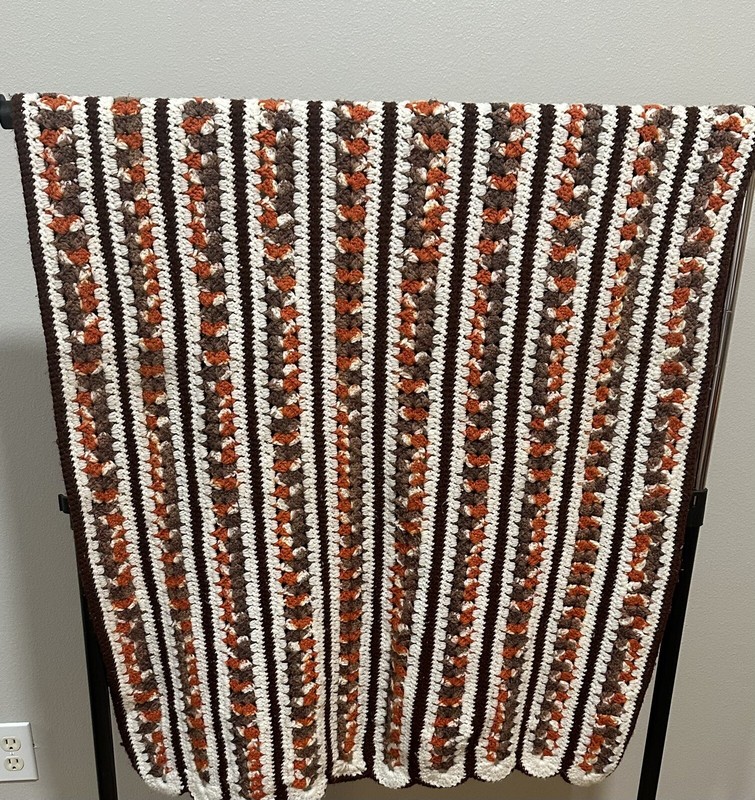 Homemade Crocheted Afghan, brown/orange/white, 6 ft x 33 in