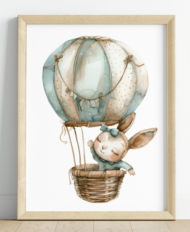 Nursery Art Print, Bunny Girl in a Hot Air Balloon Wall Art, Kids Room Art