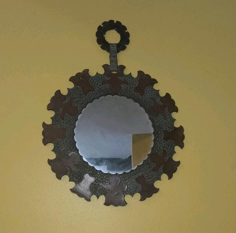 Tooled Leather Round Wall Mirror Floral Boho Moroccan Folk Art Decor Vintage