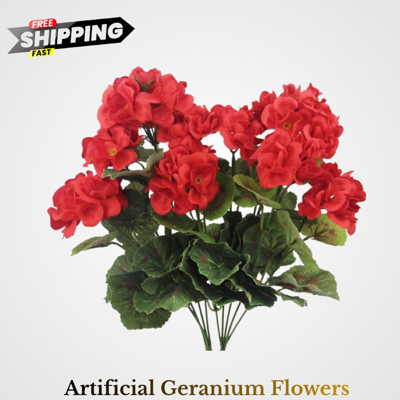 2 Pcs Artificial Geraniums Silk Flowers Outdoor Artificial Red Geranium Bush Fa
