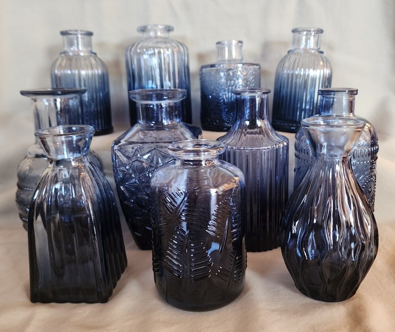 Set of 11 Blue Glass Decorative Bottles Vintage Style Glossy 5in Assorted