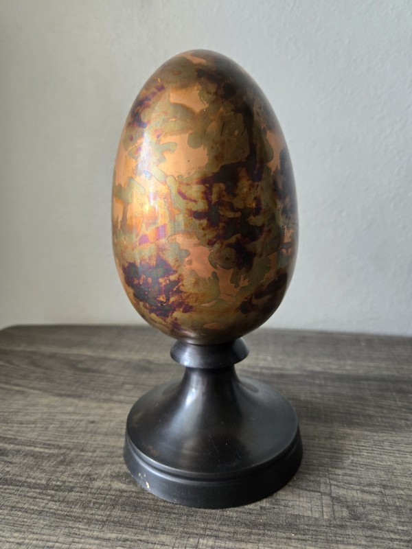 Vtg MCM Brass Egg Sculpture 8.5″ – Flame Patina Iridescent Rainbow India 2lb+