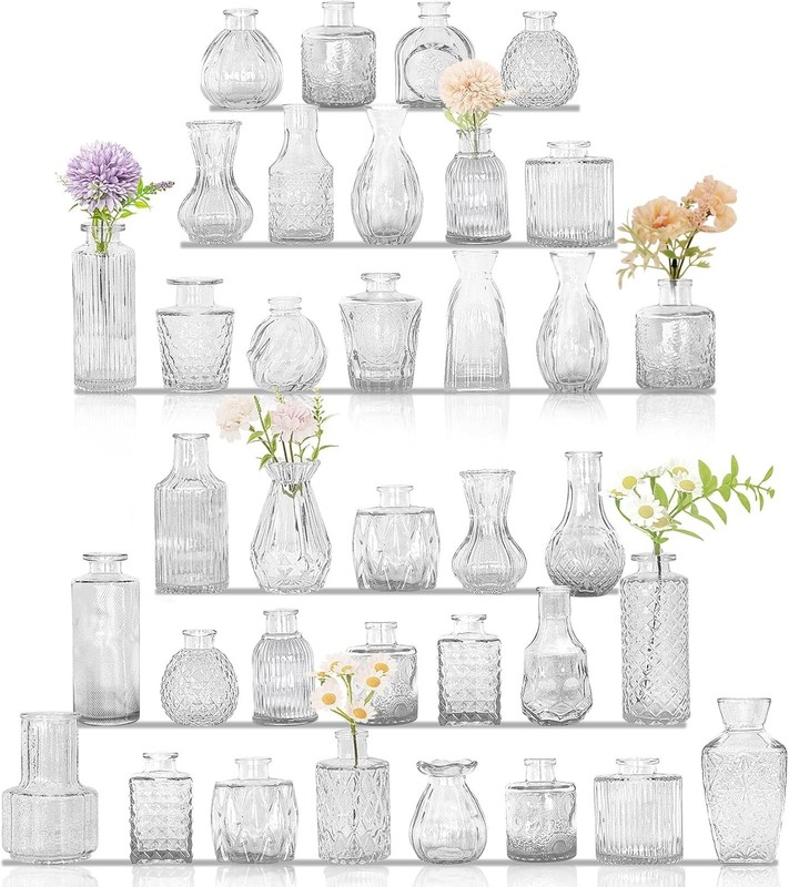 Glass Bud Vases Set Small Vintage Clear Bulk Multiple Shapes for Wedding Table