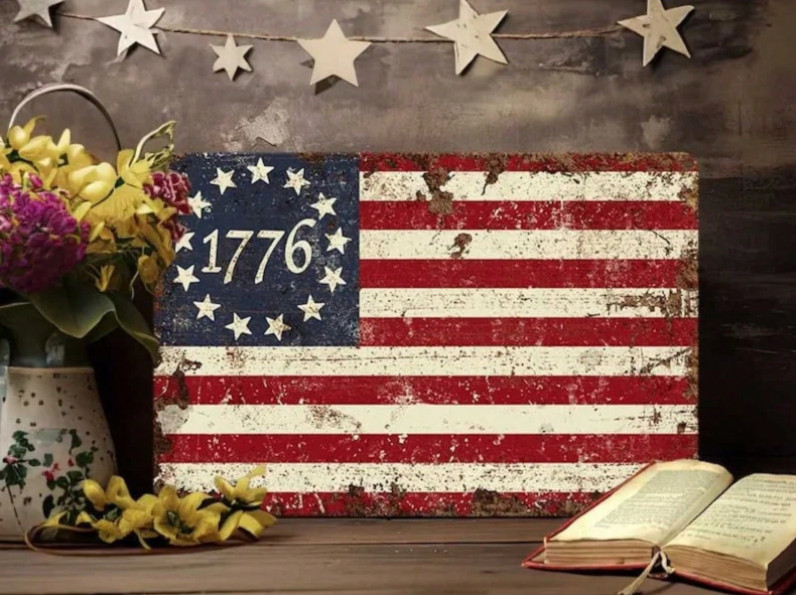 Primitive Fourth Of July Decor – Betsy Ross 13 Star 1776 American Flag Sign – In