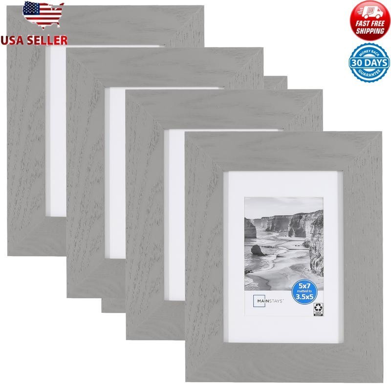 4 Pack Wall Matted Picture Frames Flat Wide Grey 5×7 in Durable Removable NEW