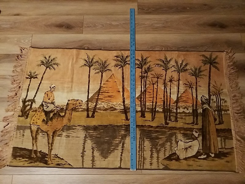 Vintage Rug Woven Egyptian Wall Hanging Tapestry Pyramids Camels Palm Trees gallery