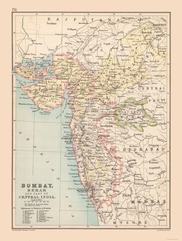 Historic Map – India West Coast – Bartholomew 1892 – Vintage Wall Art