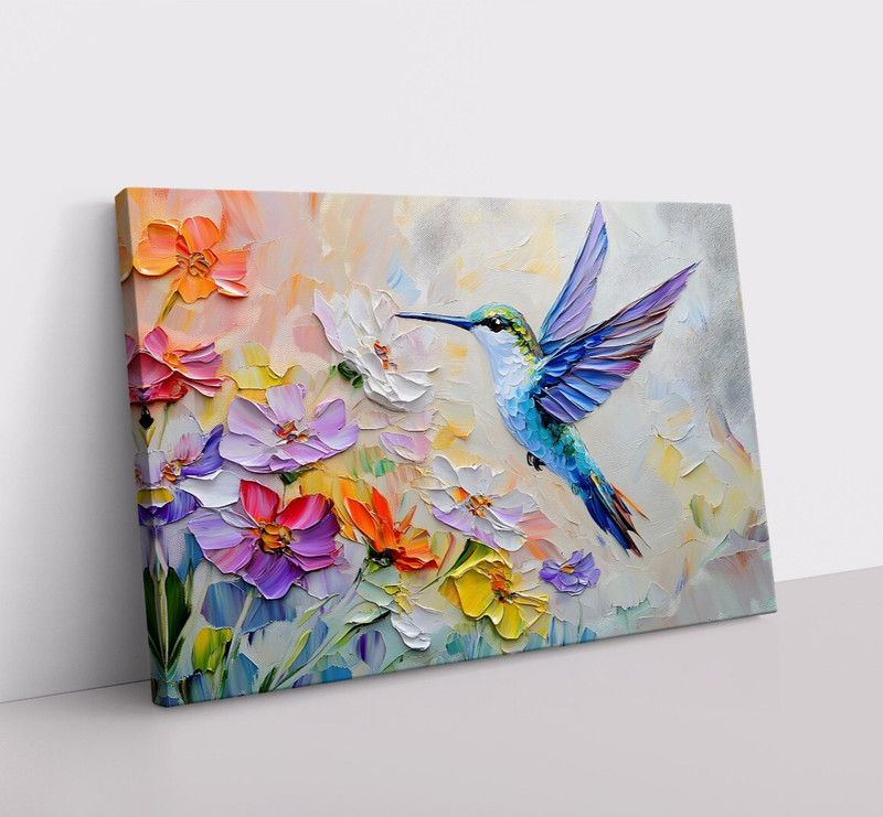 Hummingbird & Spring Wildflowers Pretty Painting Print on Canvas Wall Art Decor gallery