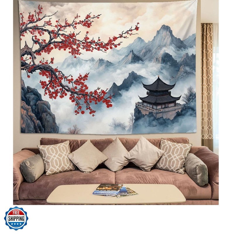 Japanese Tapestry Aesthetic Wall Decor – Watercolor Ink Landscape with Red Pl…