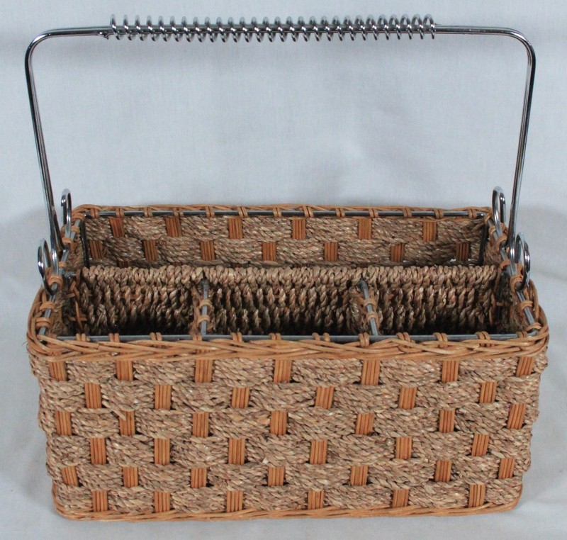WICKER RATTAN W/ METAL FRAME BASKET CADDY STORAGE ORGANIZER 12″ X 7″ X 12.5″ NEW