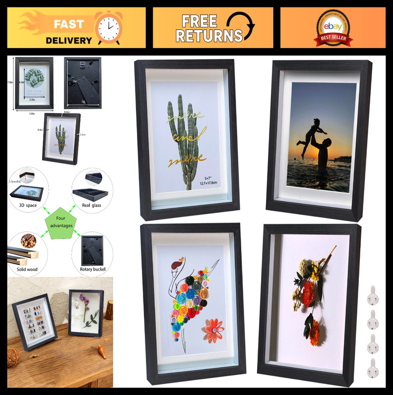 5×7 Shadow Box Frame Set – 4 Pack Black Display Case for Wall/Tabletop, Glass, 0