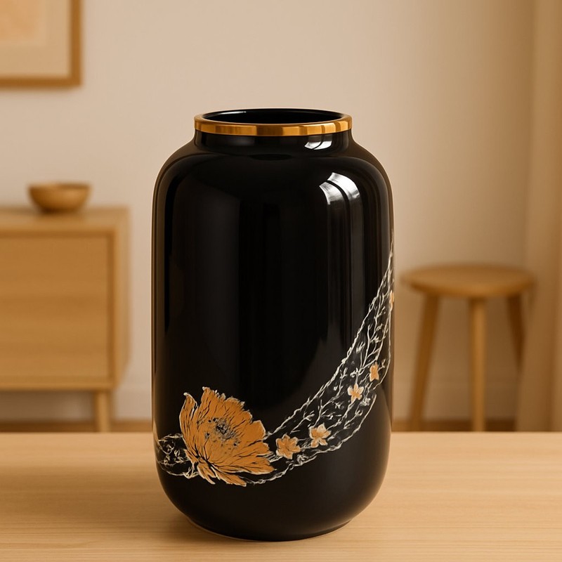Luxurious Bohemian Black Flower Vase, 24k Gold-Plated, 1lb 8oz, H11 x W6, Czech