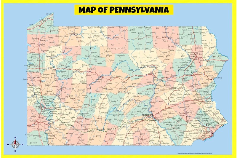 Map Of Pennsylvania Style D – 18×24 Inch – Laminated Wall Map Poster Easy Read