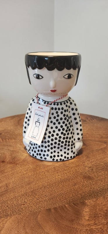 Anthropologie By Kinska Girl Doll Face Planter Black And White Polka Dot