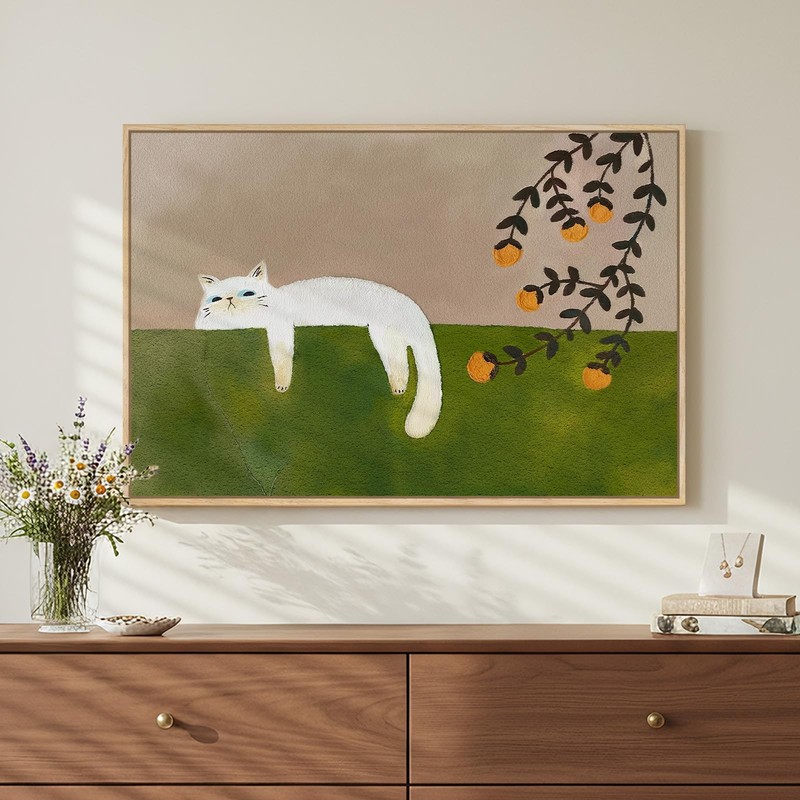 Framed Neutral and Green Wall Art for Bedroom Decor, Large Cozy Cat Canvas Pa…