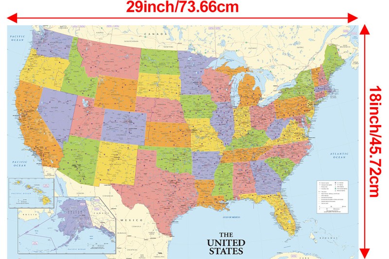 United States Map Atlas USA Wall Print US Mural Poster For Kids Children Adults
