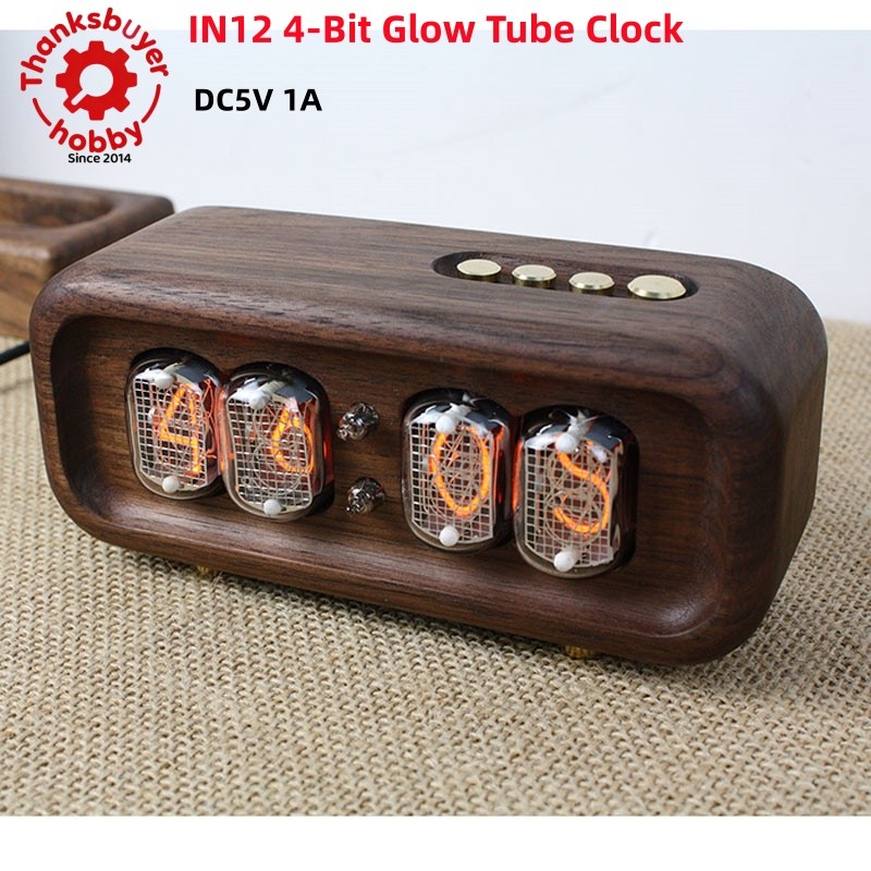 IN12 Black Walnut Shell 4-Bit Glow Tube Clock Retro Nixie Tube Clock Decor DC5V