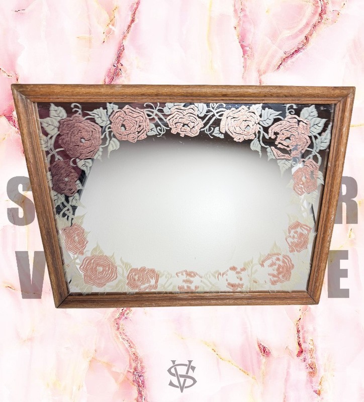 Vintage AMERICAN GLASS ART AGA Wood Framed Copper Plated Floral Wall Mirror Core gallery
