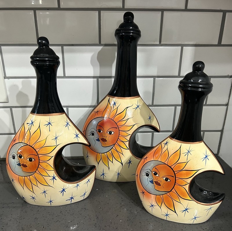 Set of 3 Celestial Sun & Moon Black Yellow Decorative Jars Pitchers Bottles