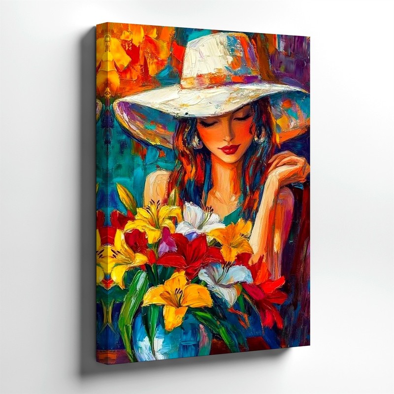 Wall Art Colorful Woman Portrait White Hat Floral Bouquet Abstract Canvas Print