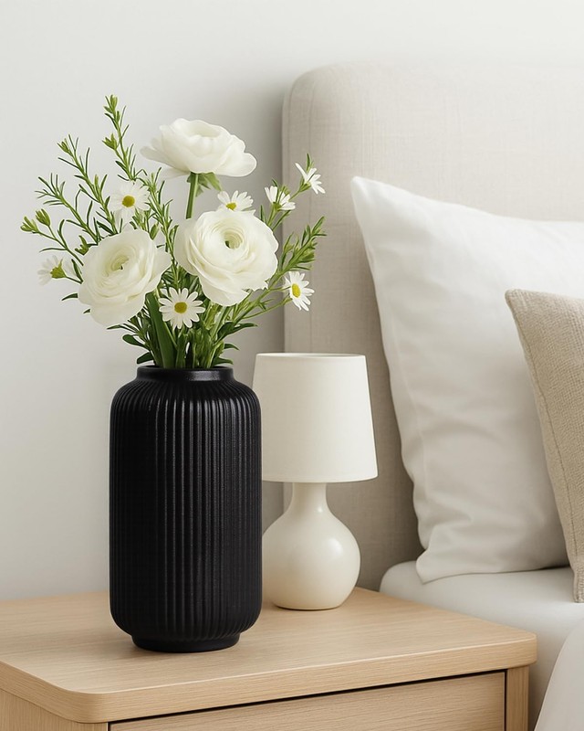 Matte Black Ceramic Flower Vase 8 Inch Ribbed Decorative Centerpiece gallery