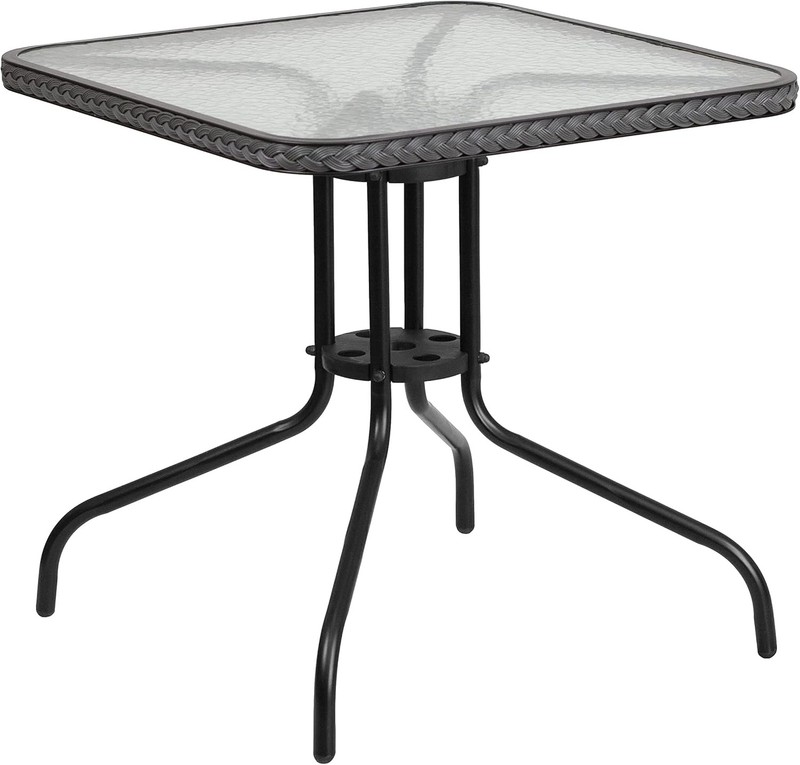 Barker 28” Square Tempered Glass Metal Table with Gray Rattan Edging
