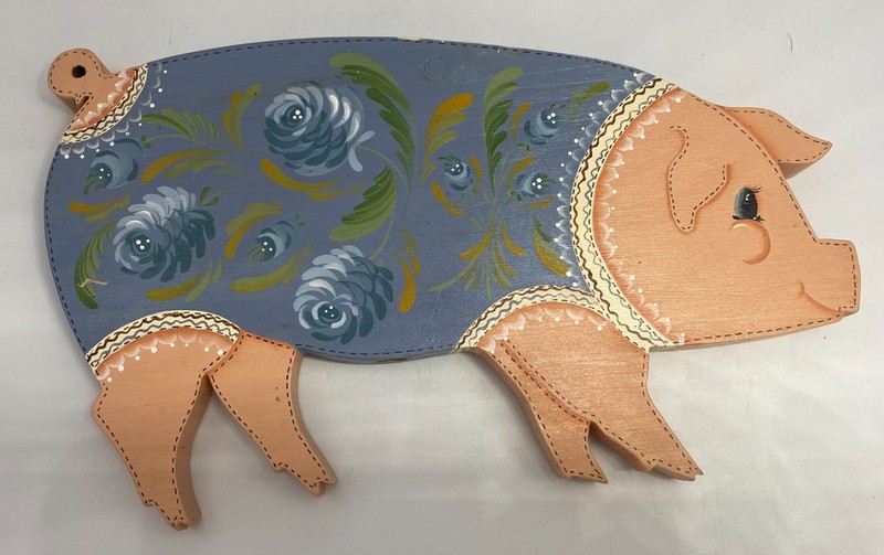 Vintage Hand Painted Wood Pig Wall Plaque Folk Art Blue Floral Country Decor