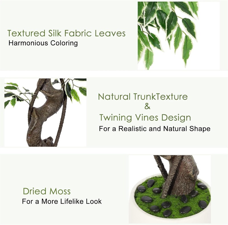5ft Artificial Ficus Tree, Tall Fake Plants Indoor with White Planter & Pebbles gallery