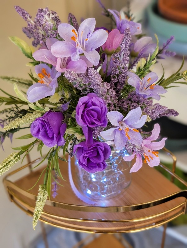Purple Floral Arrangement, Mini Roses, Fressia, Lighted Mason Jar (Timer) gallery