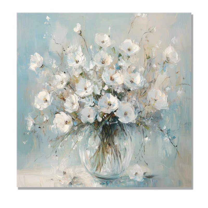 ArtNFT White Flower Canvas Wall Art, Vibrant Blossom Artwork Painting For Bat…