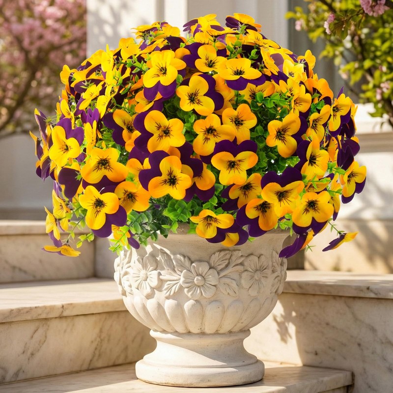lovemoon 16 Pcs Artificial Pansy Flowers for Outdoors Yellow Faux Silk Spring gallery