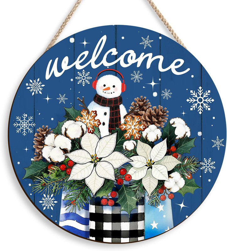 Winter Welcome Door Sign Hello Winter Snowman Wooden Sign Snowflake Door Hanger