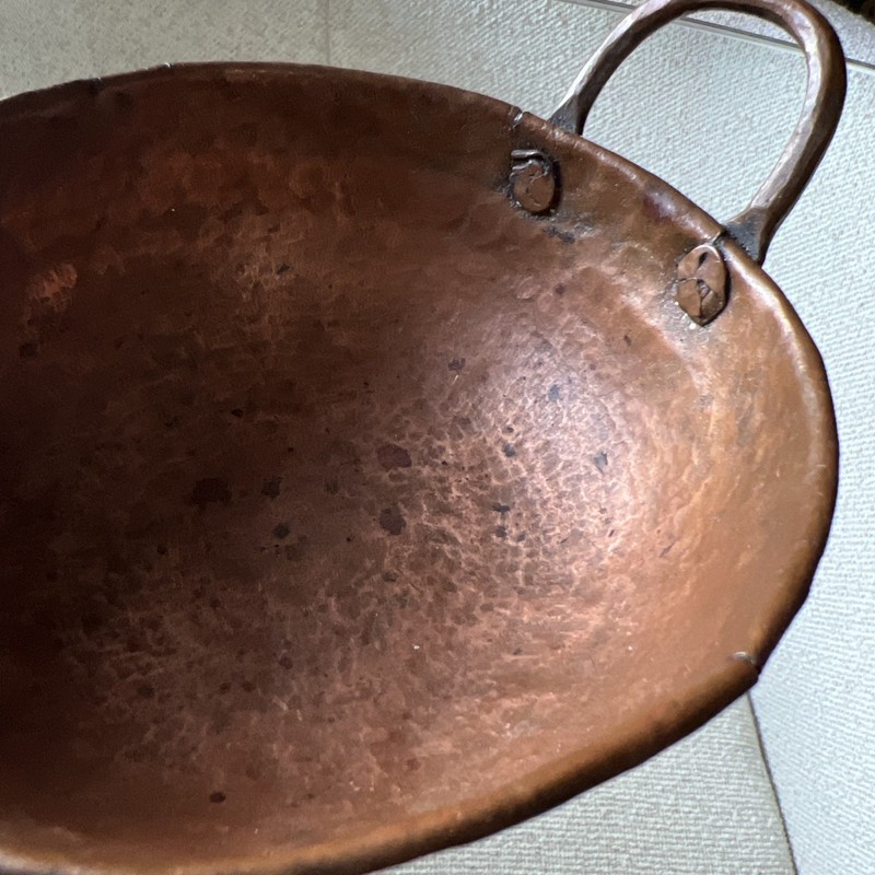 Hand-Hammered Mexican Copper Bowl w/ Handles, Vintage Patina, 4.75” gallery
