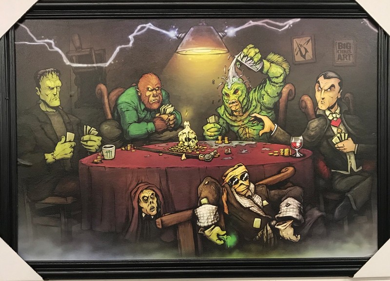 Frankenstein Dracula Werewolf Monster Poker Solid Wood Framed Picture Print