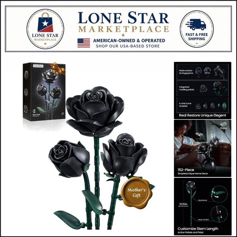 Elegant Black Roses Building Set – 3 Stages, Perfect Gift for Any Occasion