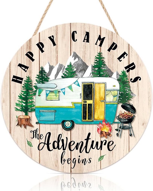 TOARTi Happy Campers Wood Hanging Sign Green, Blue, Yellow, Red, White, Black