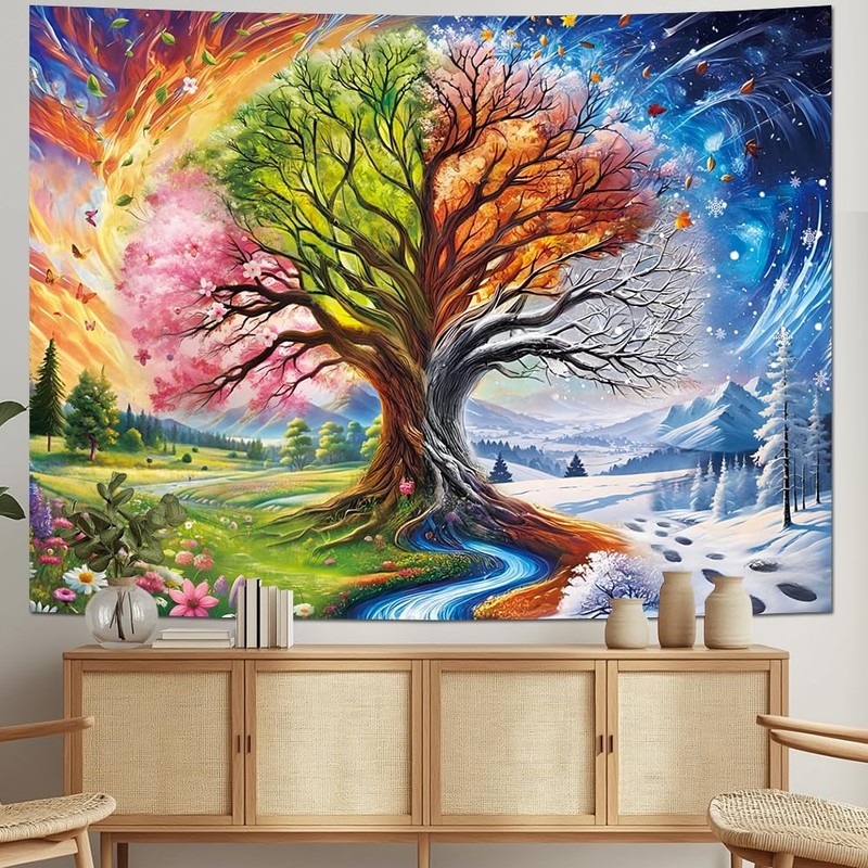 Colorful Tree of Life Tapestry Four Seasons Trees Tapestrie Spring Flower Green gallery