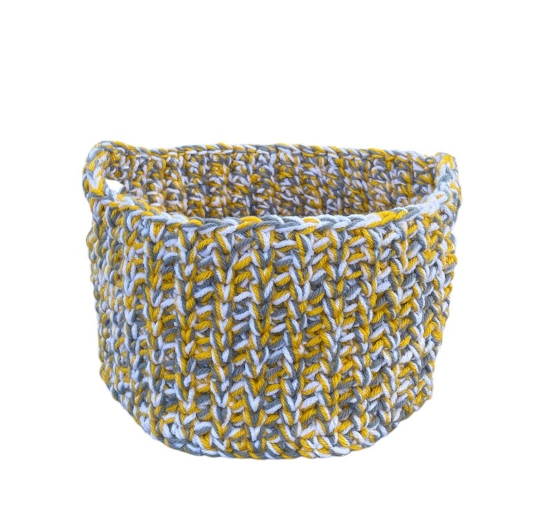 Handmade Crochet Basket Yellow, Gray, and White Multi-Use Storage With Handles gallery