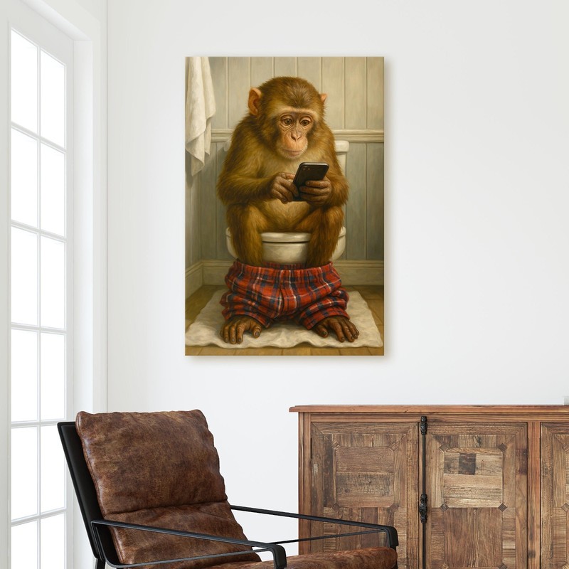 Monkey On The Phone On The Toilet Funny Animal Canvas Wall Art Print gallery