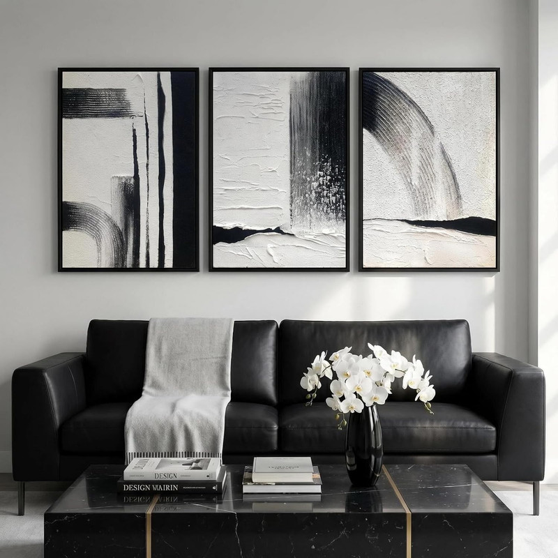 Black and White Textured Abstract Wall Art for Living Room, 3 Piece Framed Moder
