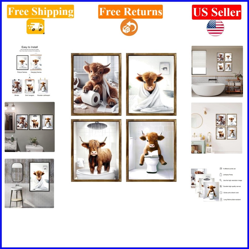 Highland Cow Bathroom Wall Art Set, 8x10in, Unframed, Waterproof Canvas (4pcs)