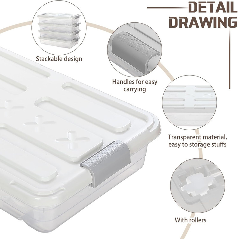 4 Pcs Plastic under Bed Storage Containers with Lid Wheel Handle, Transparent La gallery