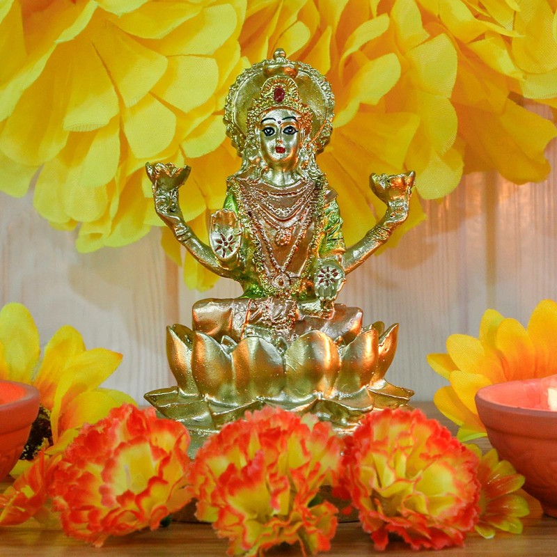 Hindu Goddess Lord Laxmi Statue - 4.4" H Gold Indian God Lakshmi Figurine fo gallery