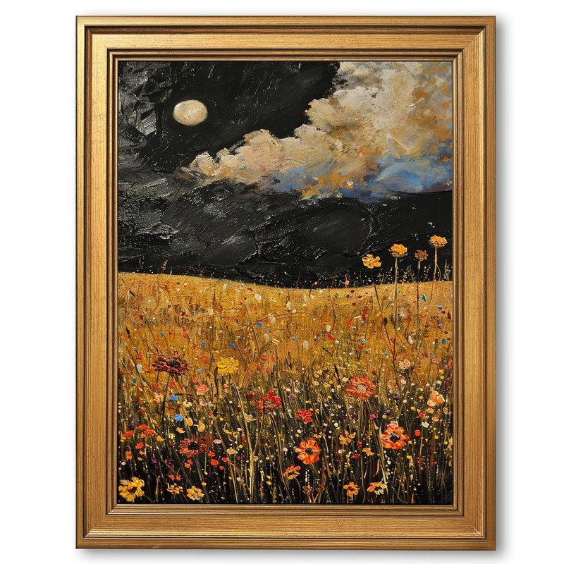 Gold Framed Yellow Wildflowers Field Painting Abstract Night Sky Moon Wall Ar…