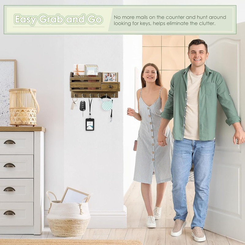 VIS'V Key Holder Wall Mount, Wooden Mail and Key Organizer with Drawer and Shelf gallery