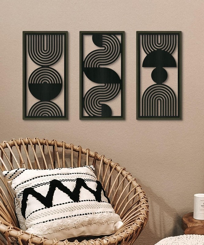 3 PCS Modern Minimalist Black & Gray MDF CutOut Geometric Line Wall Art Panel gallery