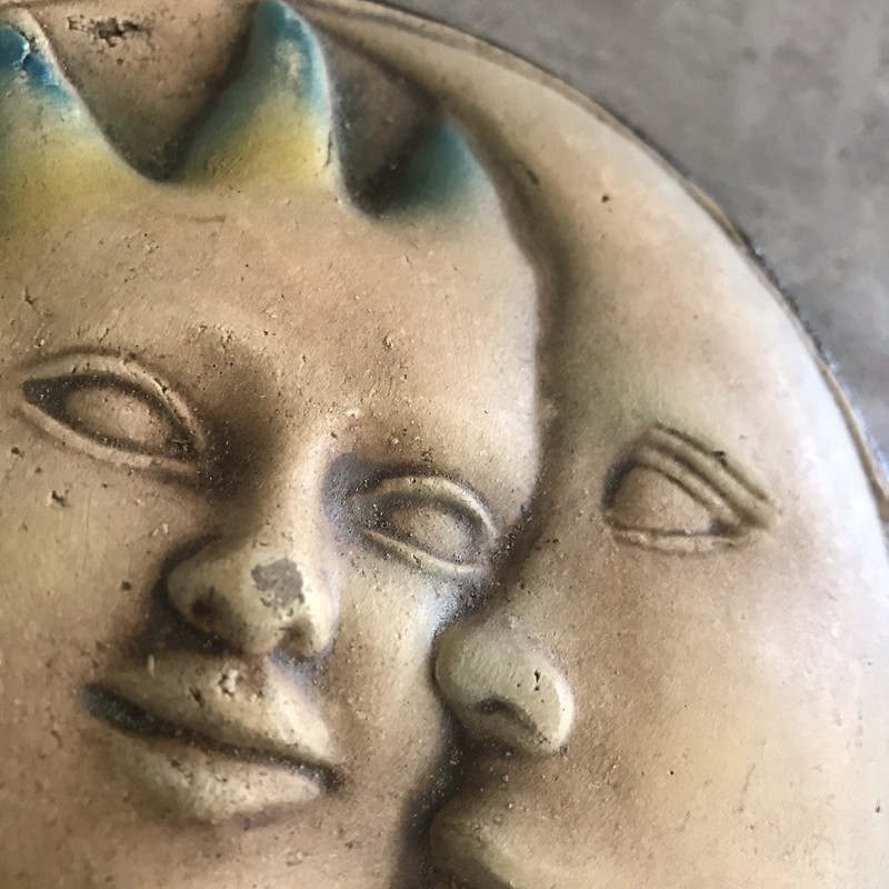 Celestial Sun Moon Face Pottery Wall Hanging Decor 90s Handpainted Art Whimsical gallery